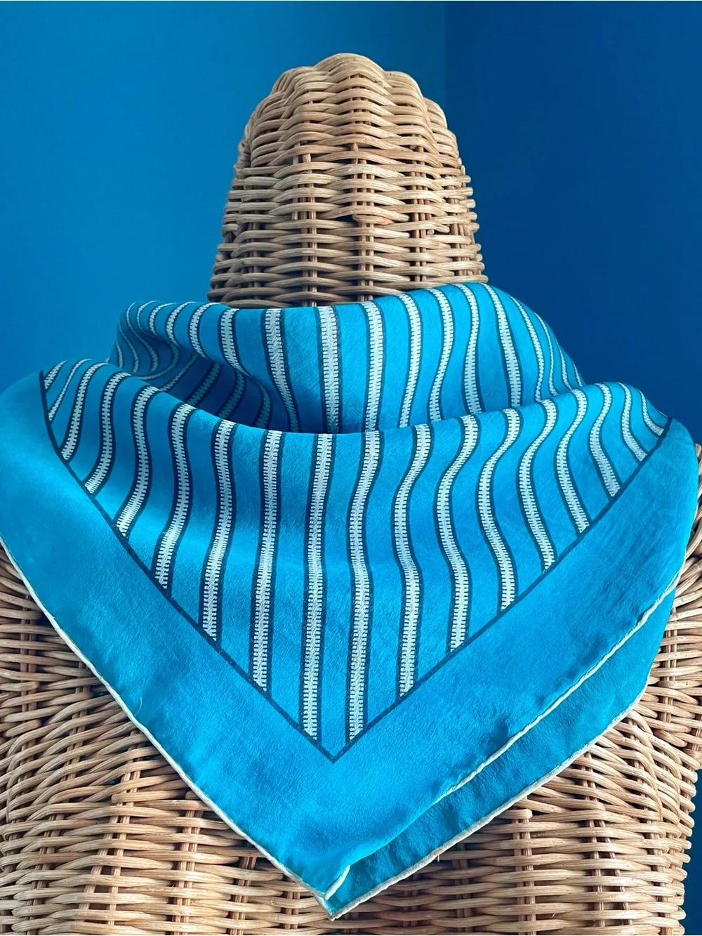 Vintage Square Silk Scarf Neckerchief Teal Blue Geometric Stripe Pattern